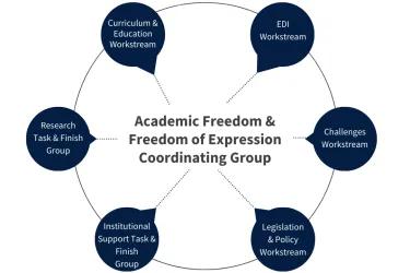 Four Workstreams and two Task and Finish Groups are overseen by the Academic Freedom & Freedom of Expression Coordinating group